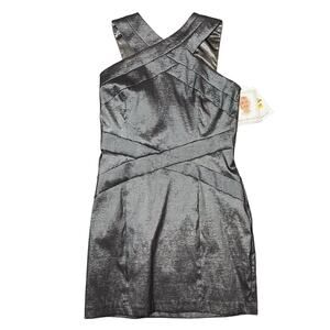 NEW (Deadstock) Jessica McClintock Metallic Cocktail Mini Dress Silver - Size 14
